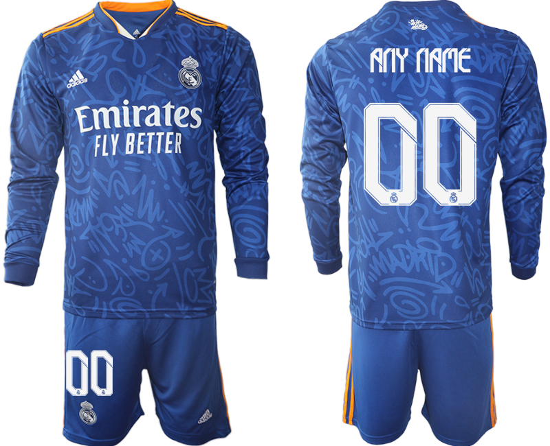 Men 2021-2022 Club Real Madrid away blue Long Sleeve customized Soccer Jersey